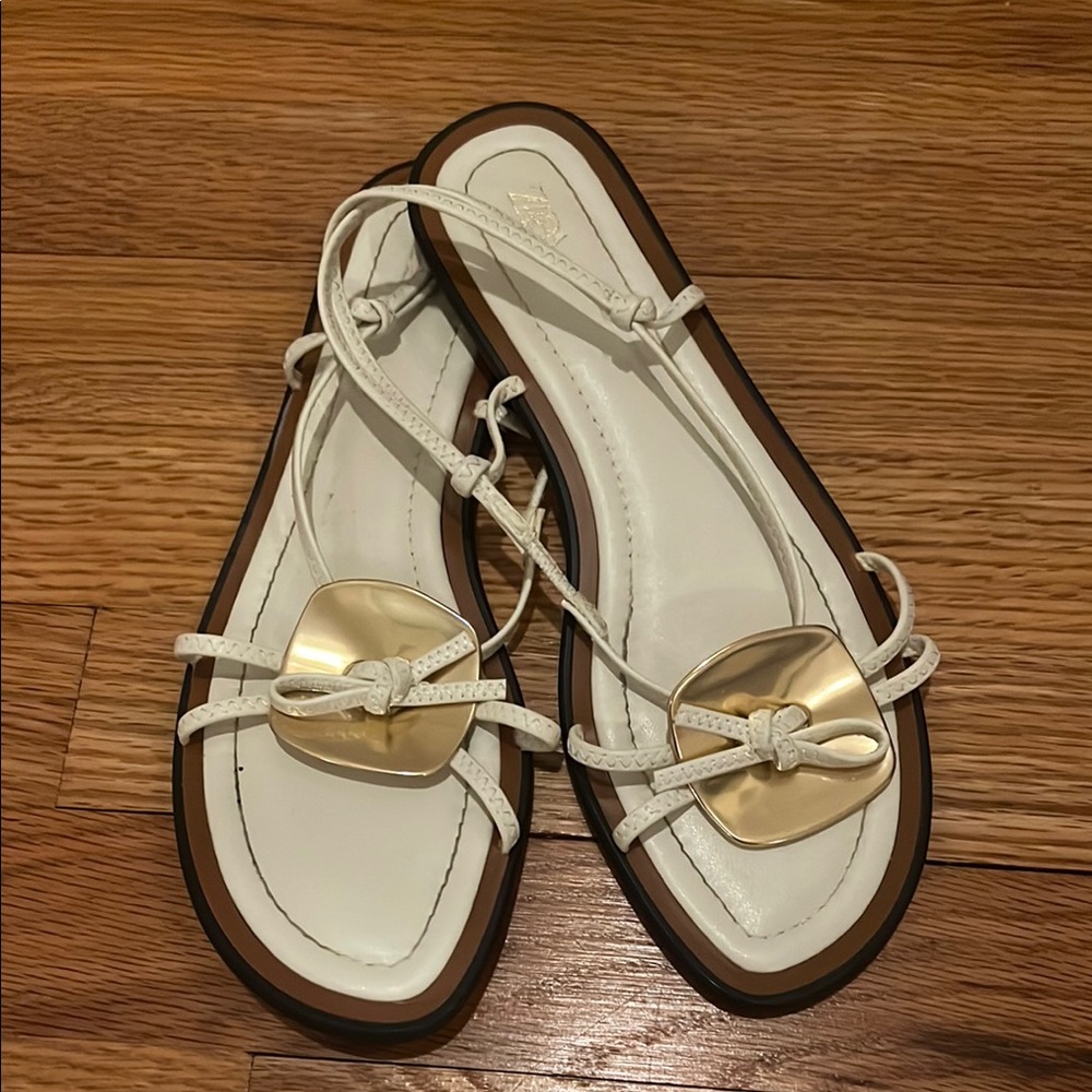 Zara White Sandals with Gold Accent